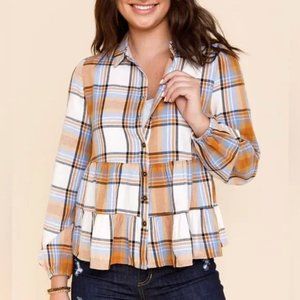 Blue Rain Plaid Tiered Peplum Long Sleeve Top Small